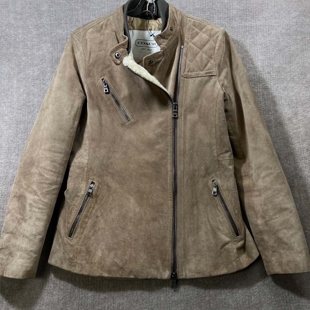 COACH Suede Biker Jacket Sherpa Lined Moto Taupe Quilted Size S No Belt